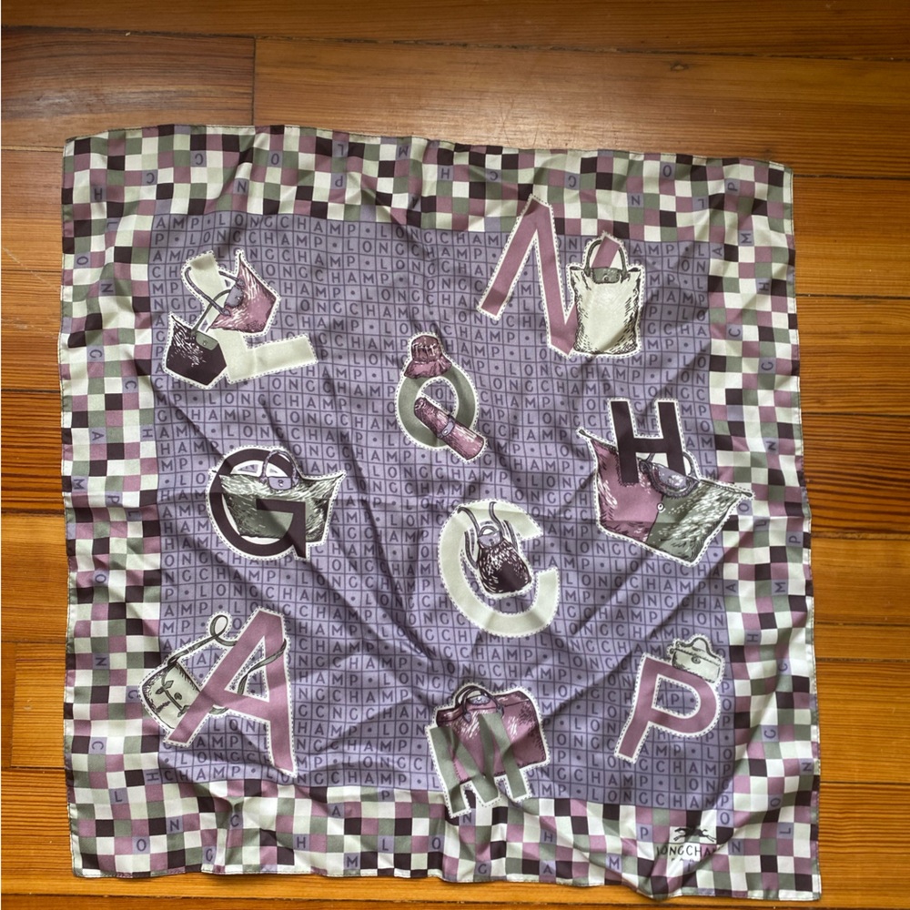 Longchamp Silk Scarf with Lavender & Pink Letter Motif